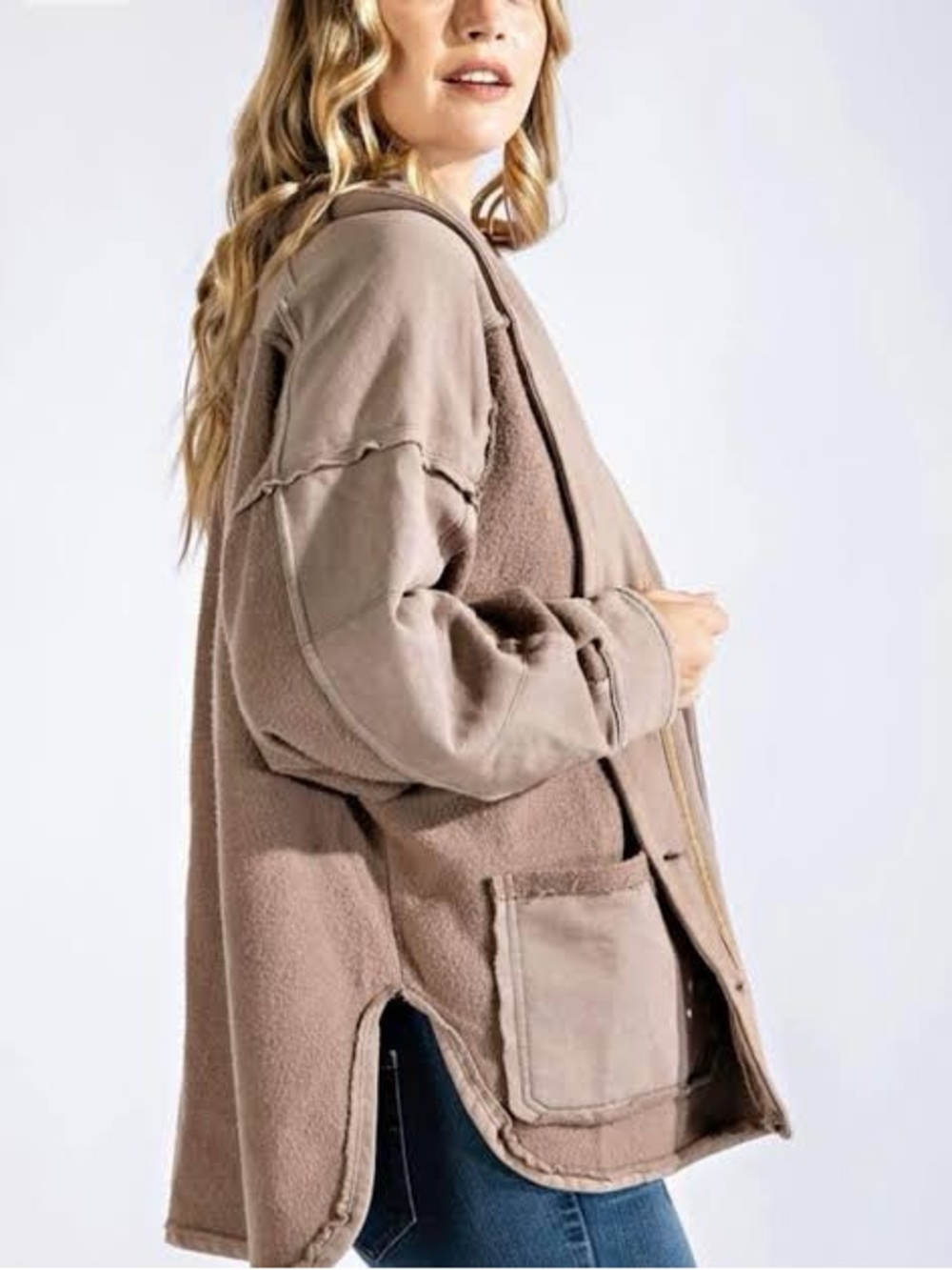 Forever 21 Taupe Hooded Sherpa & Knit Sleeve Jacket